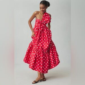 Anthropologie Red Dot Bow Midi Dress | Size Medium | Like New
